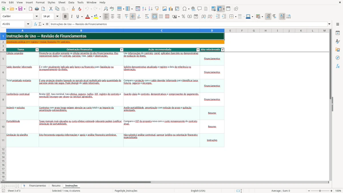 Captura de tela 3: Aba Instruções - Planilha Excel planilha revisao de financiamento