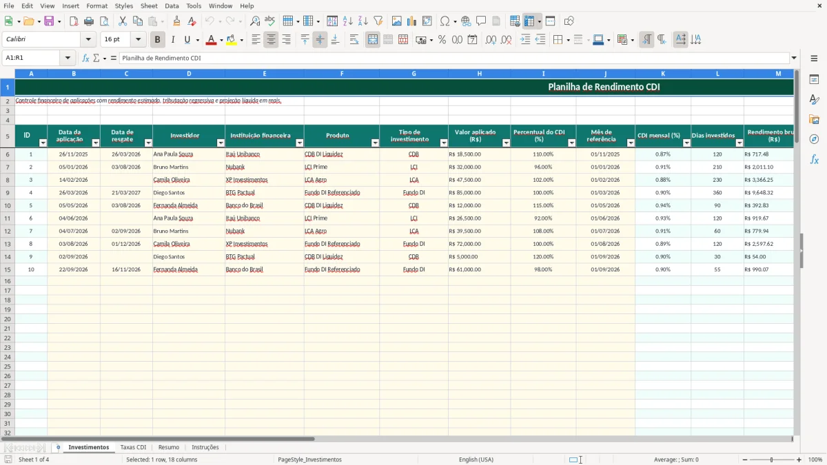 Captura de tela 1: Aba Investimentos - Planilha Excel planilha cdi rendimento