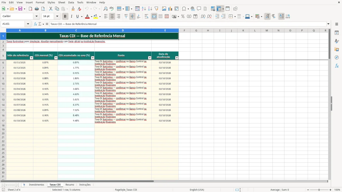 Captura de tela 2: Aba Taxas CDI - Planilha Excel planilha cdi rendimento