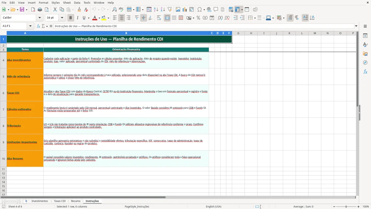Captura de tela 4: Aba Instruções - Planilha Excel planilha cdi rendimento