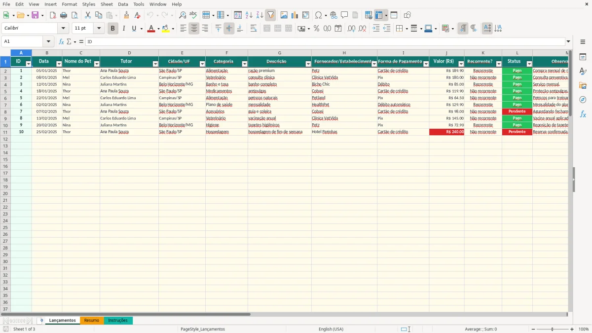 Captura de tela 1: Aba Lançamentos - Planilha Excel planilha gastos com pet