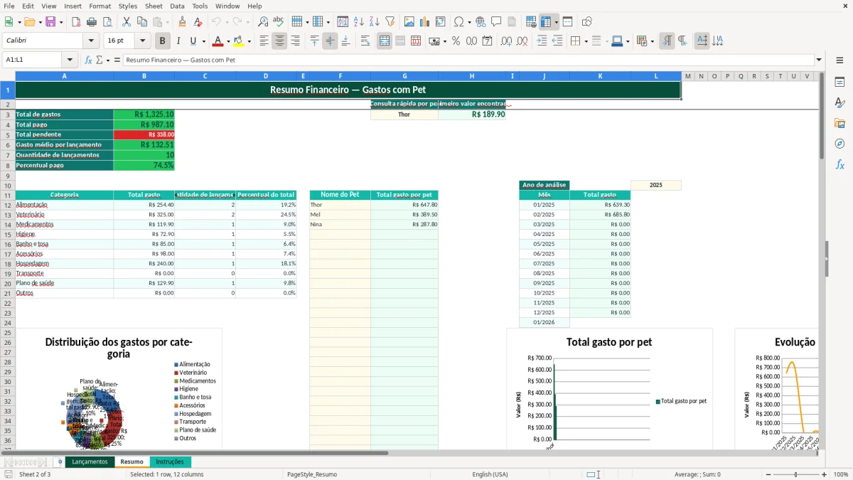Captura de tela 2: Aba Resumo - Planilha Excel planilha gastos com pet