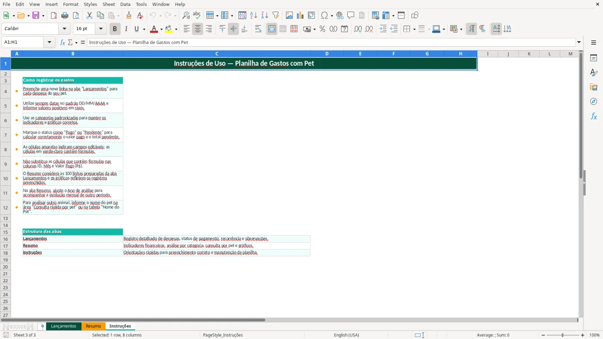 Captura de tela 3: Aba Instruções - Planilha Excel planilha gastos com pet