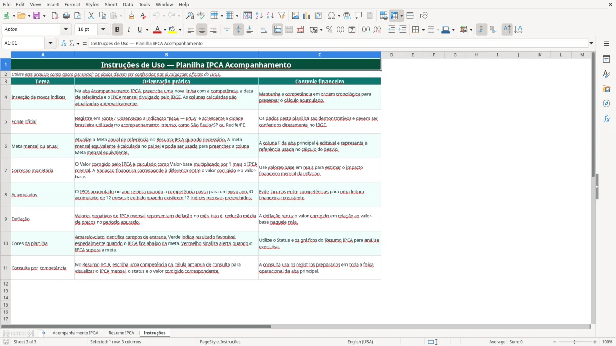 Captura de tela 3: Aba Instruções - Planilha Excel planilha ipca acompanhamento