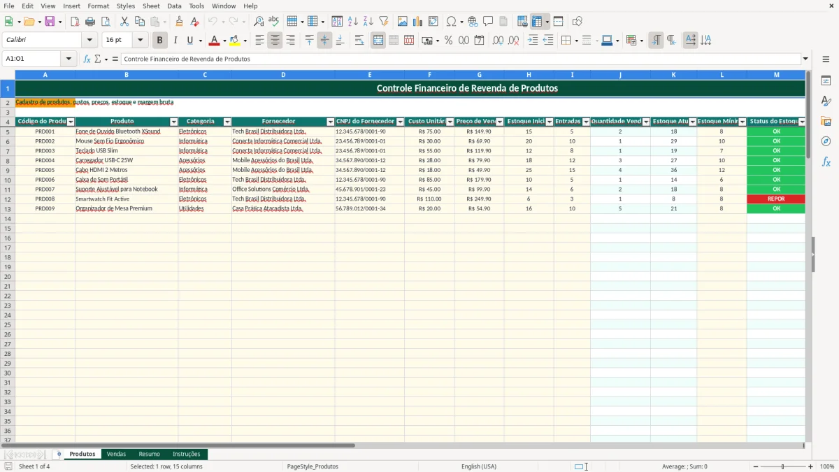 Captura de tela 1: Aba Produtos - Planilha Excel planilha revenda de produtos