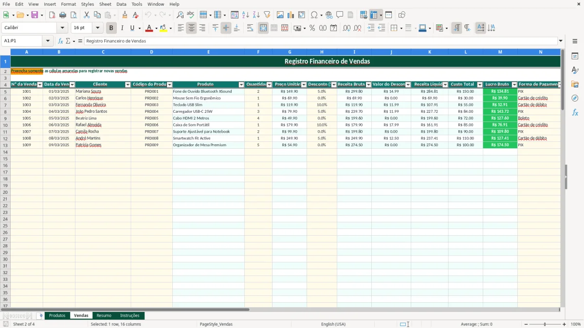 Captura de tela 2: Aba Vendas - Planilha Excel planilha revenda de produtos