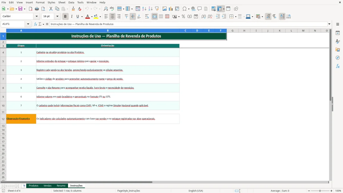 Captura de tela 4: Aba Instruções - Planilha Excel planilha revenda de produtos