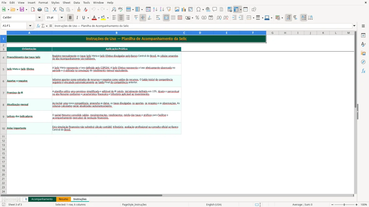Captura de tela 3: Aba Instruções - Planilha Excel planilha selic acompanhamento